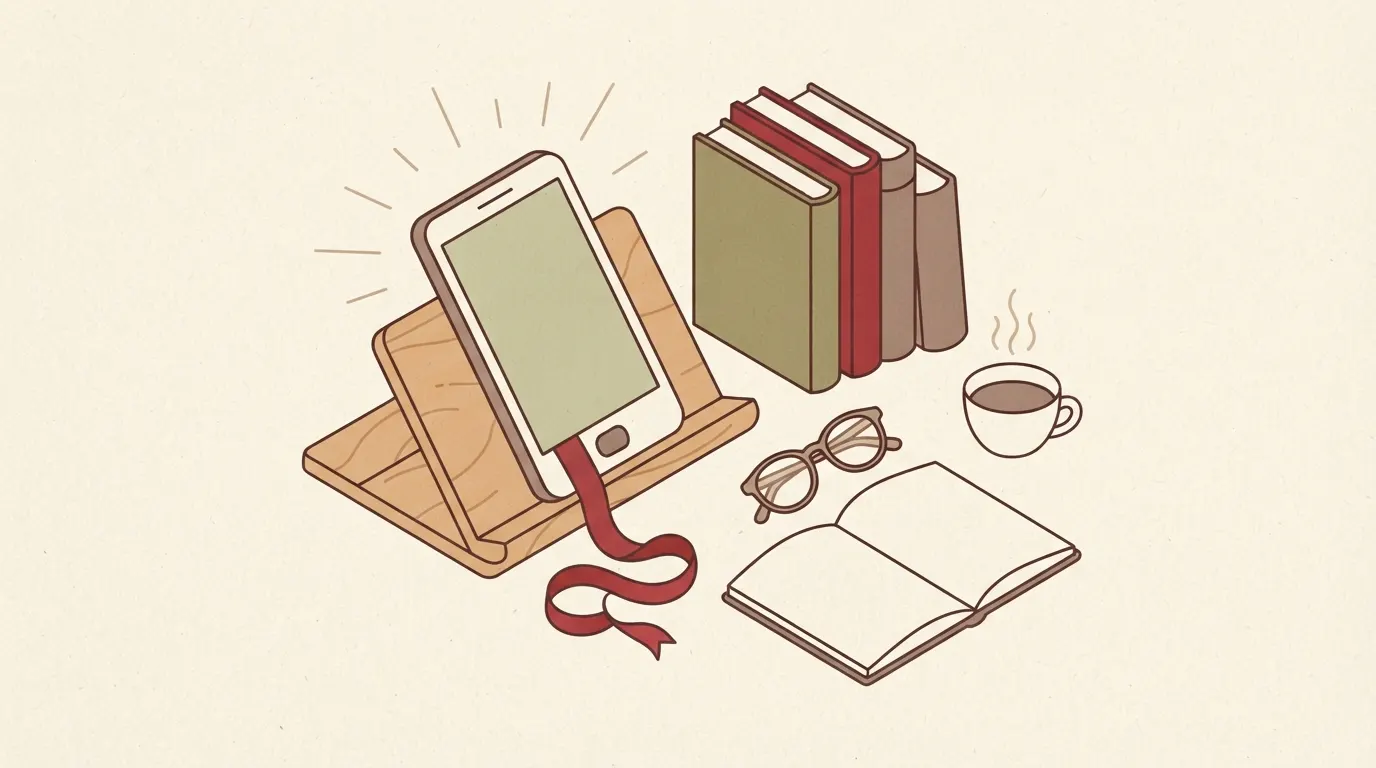読書を始める人へのガイドを示すイメージ。開かれた電子書籍リーダー（スマホ）と、そこから伸びる栞紐、集中線。