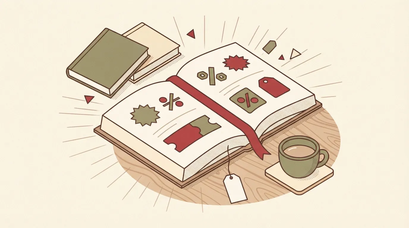 お得に電子書籍を読むための選択肢（クーポン、ポイント還元など）があることを示す。開かれた本の上に、抽象的なクーポン券やポイントアイコンが置かれ、栞が挟まっているイメージ。