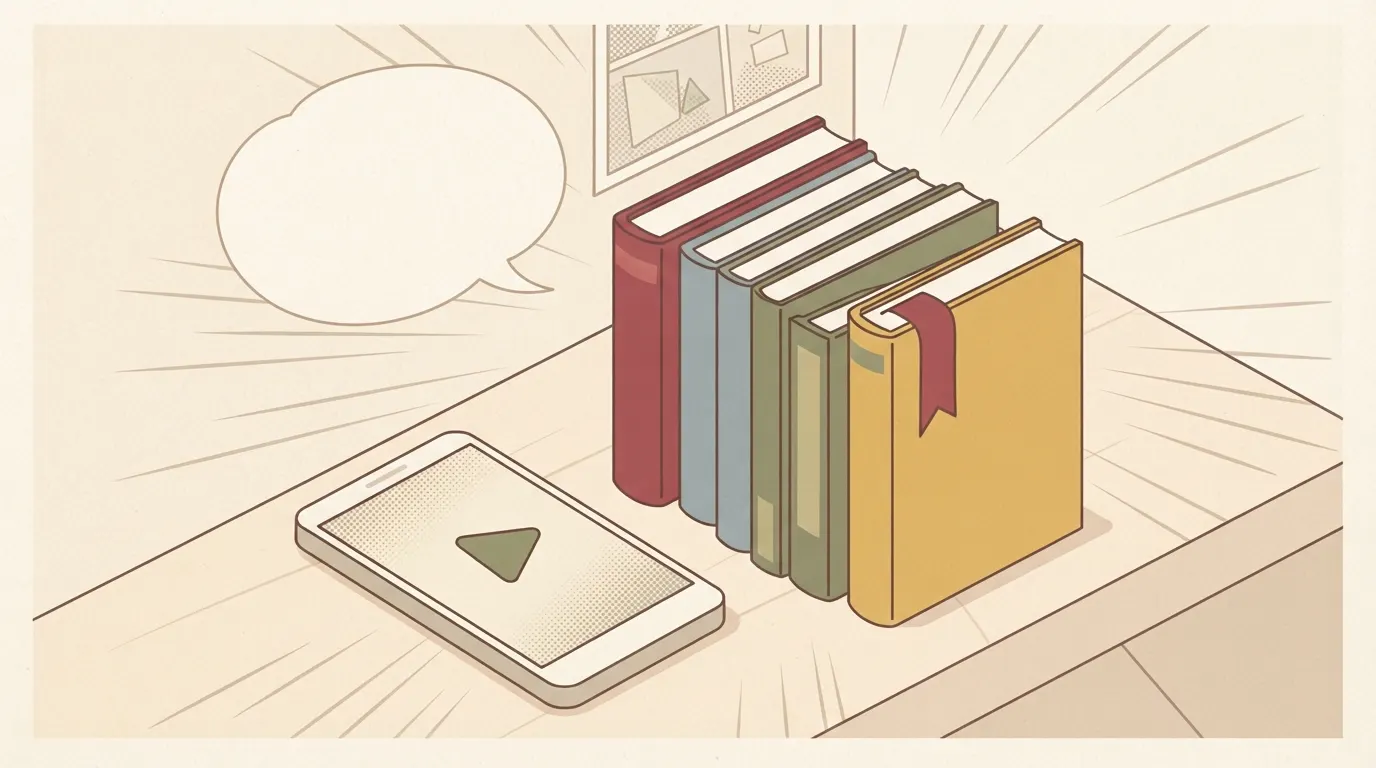 作品が全巻完結済みであることと、アニメの続きが原作で読めることを表現。積み重ねられた抽象的なコミックスの山と、その隣にアニメ視聴を示すスマホ画面のイメージ。