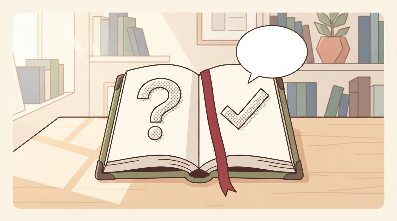 読者の疑問に答え、解決策を提示する様子を表現。開かれた本の上に抽象的な疑問符と解決を示すチェックマークが描かれ、栞が挟まっているイメージ。