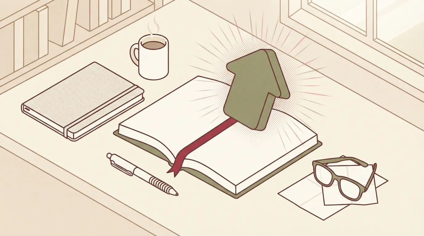 記事のまとめとして、読者に無料登録を促すイメージ。開かれた本から抽象的な「登録」や「スタート」を意味するボタンが飛び出し、栞がそのボタンを指し示している。