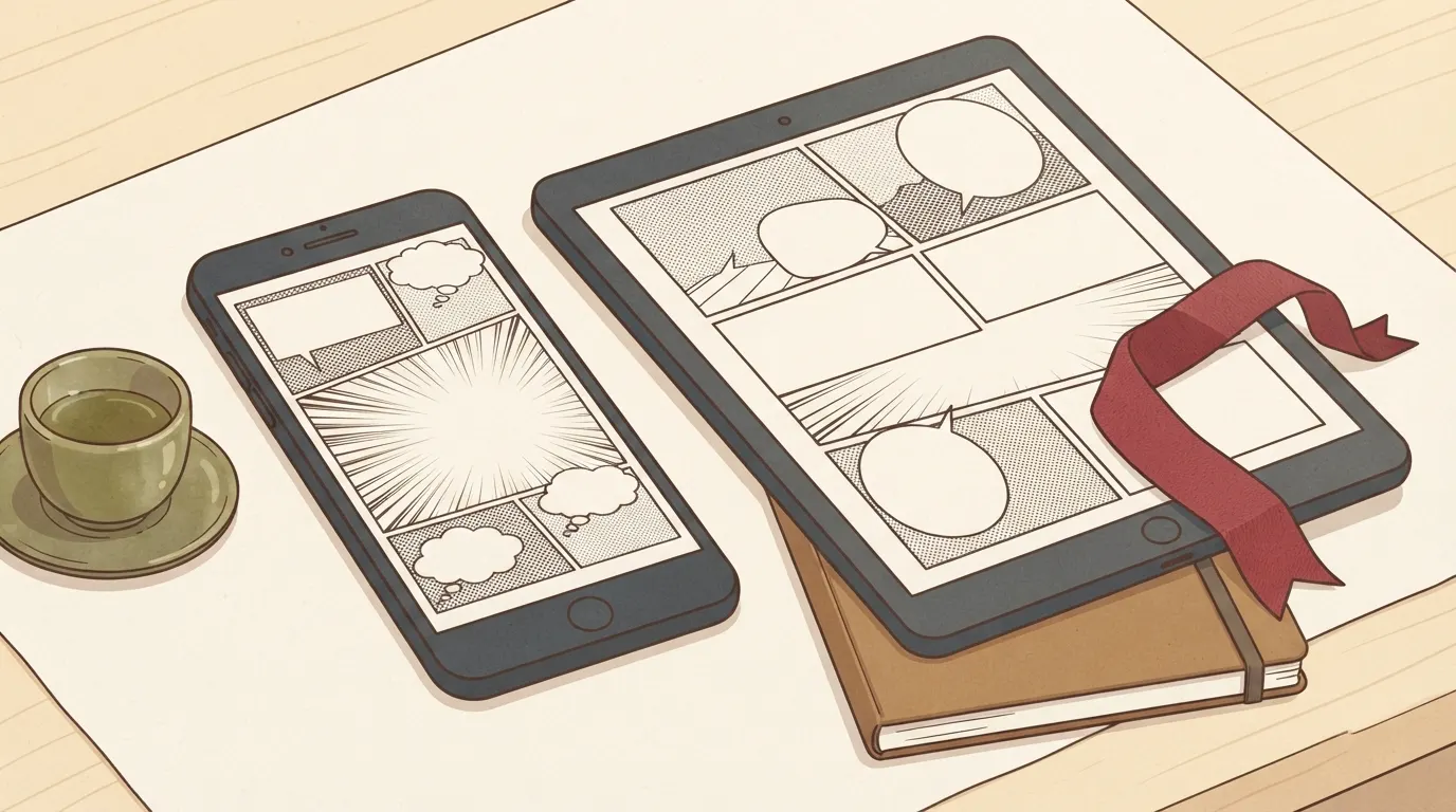 スマートフォンとタブレットが並び、電子書籍サービスが複数あることを示唆。スマホでマンガを読む様子を表現します。デバイスの画面には空のコマ割りを配置し、電子書籍での読書をイメージさせます。